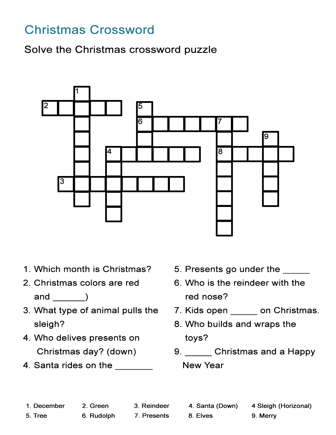 christmas crossword puzzle - all esl